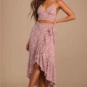 Lulu's Red Floral Midi Skirt